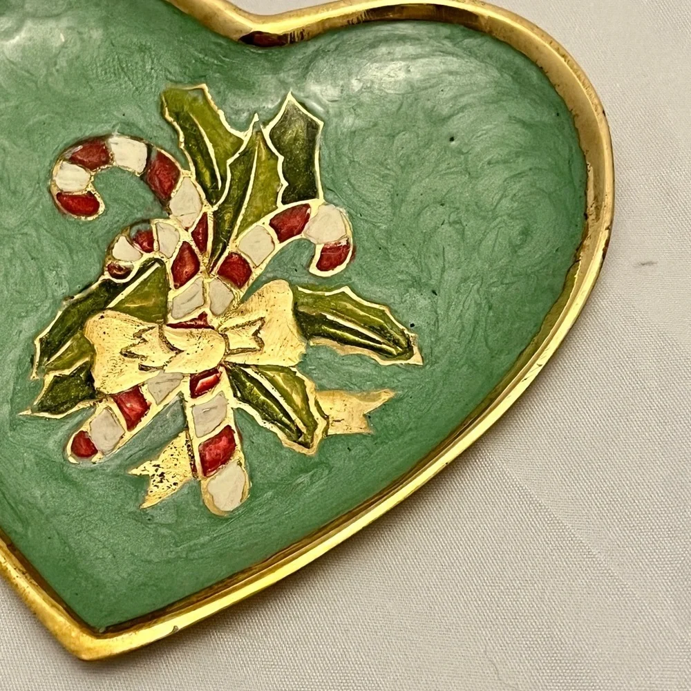 Solid Brass Enameled Trinket Dish, Candy Cane Holly, Christmas, Holiday EUC VTG